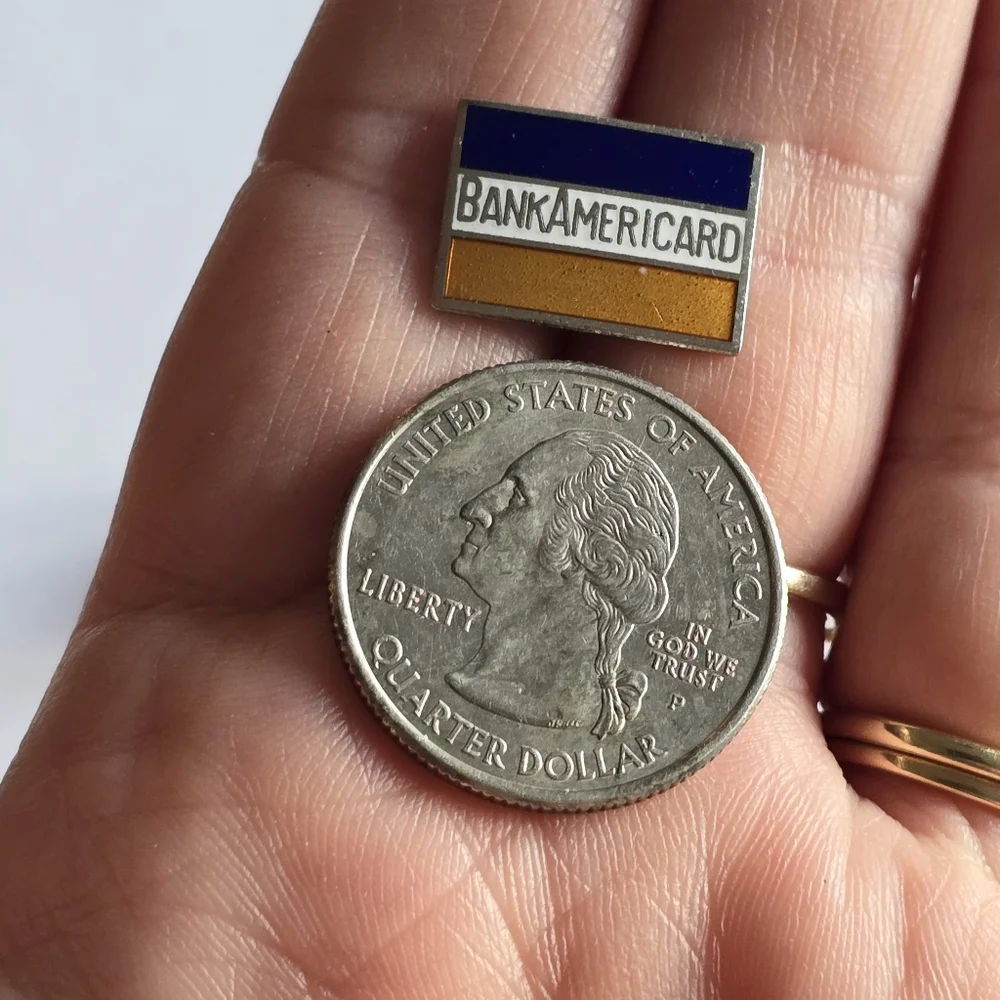 Vintage pin BankAmericard enamel silver tone brooch orange blue